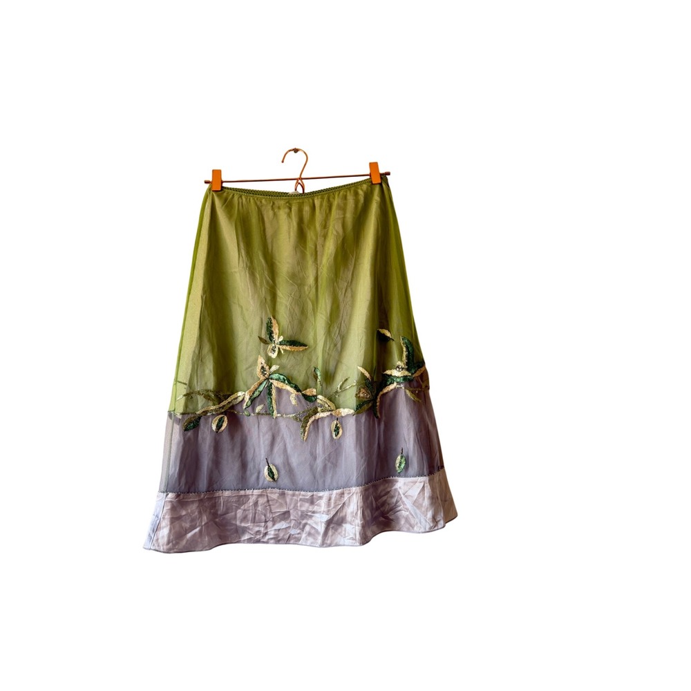 Odille Anthropologie Green Mesh Embroidered Leaf Midi Skirt Silk Trim Size 4